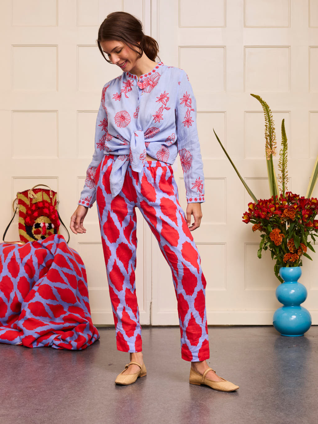 Columbia Blouse Red Flower Embroidery on Pastel Blue