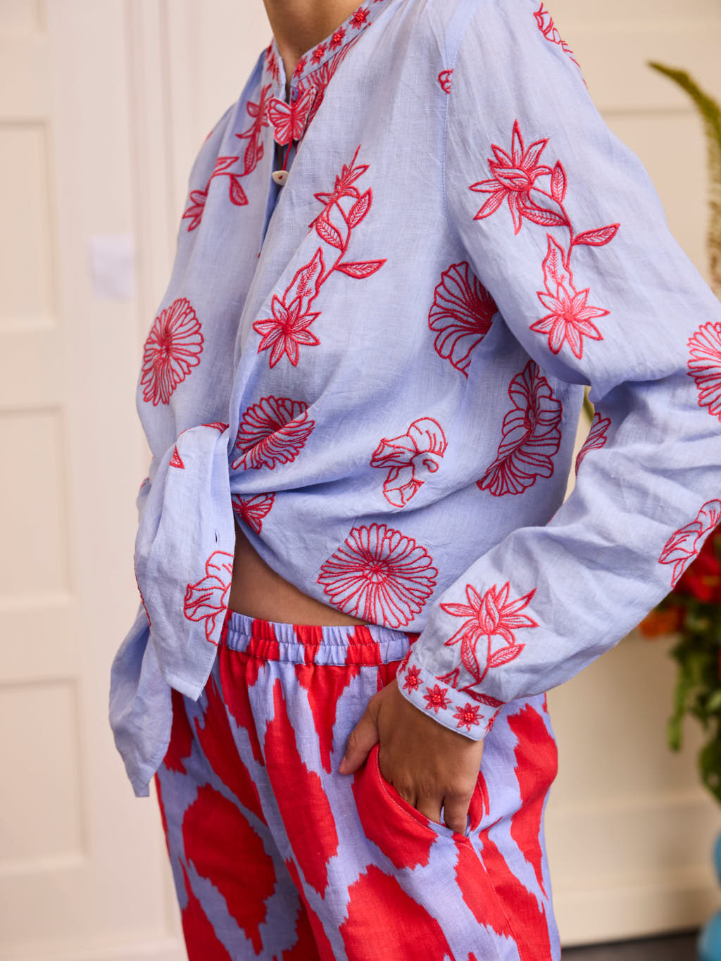 Columbia Blouse Red Flower Embroidery on Pastel Blue