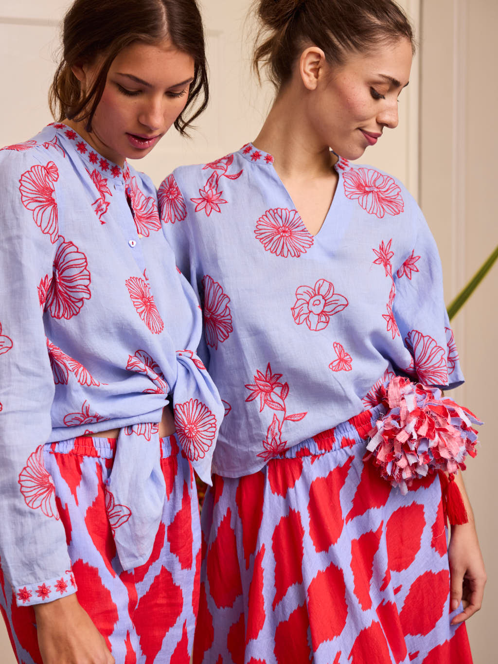 Columbia Blouse Red Flower Embroidery on Pastel Blue