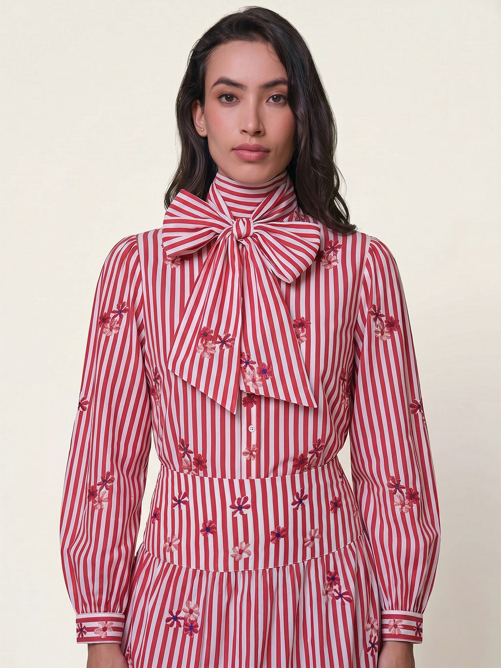 Amaryllis Blouse Flower Embroidery on Red Stripes
