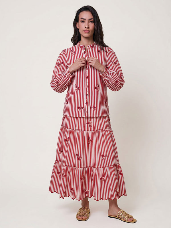 Amaryllis Blouse Flower Embroidery on Red Stripes