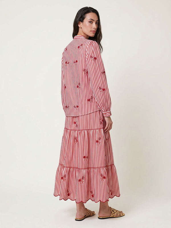 Amaryllis Blouse Flower Embroidery on Red Stripes