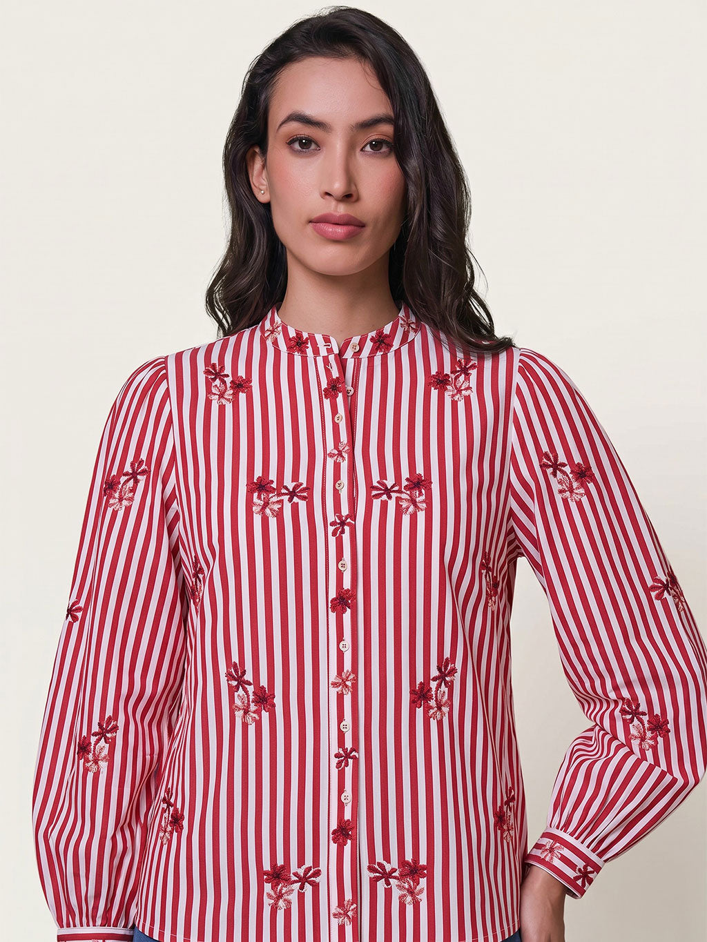 Amaryllis Blouse Flower Embroidery on Red Stripes