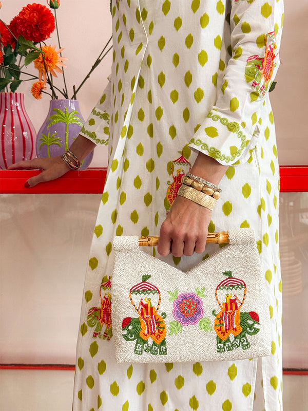 Beaded Bamboo Bag Elephant Green