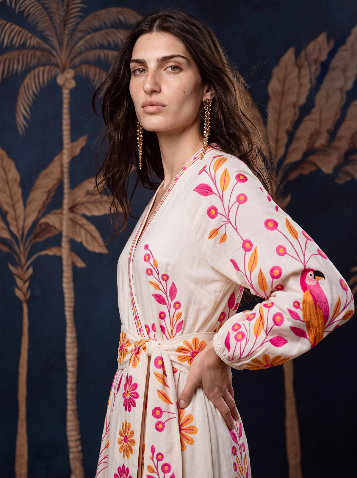 Caju Dress Pink Parrot Embroidery