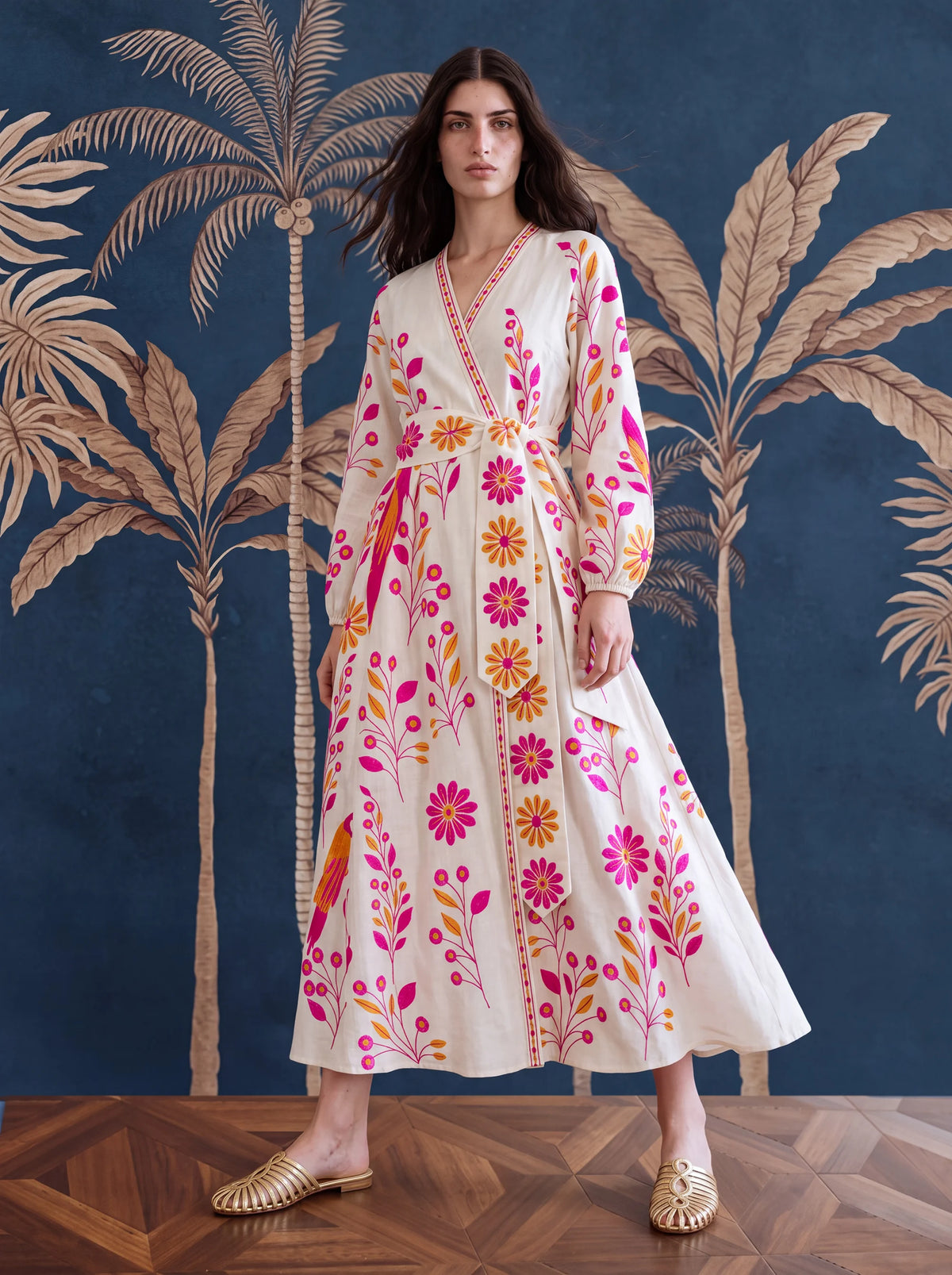 Caju Dress Pink Parrot Embroidery