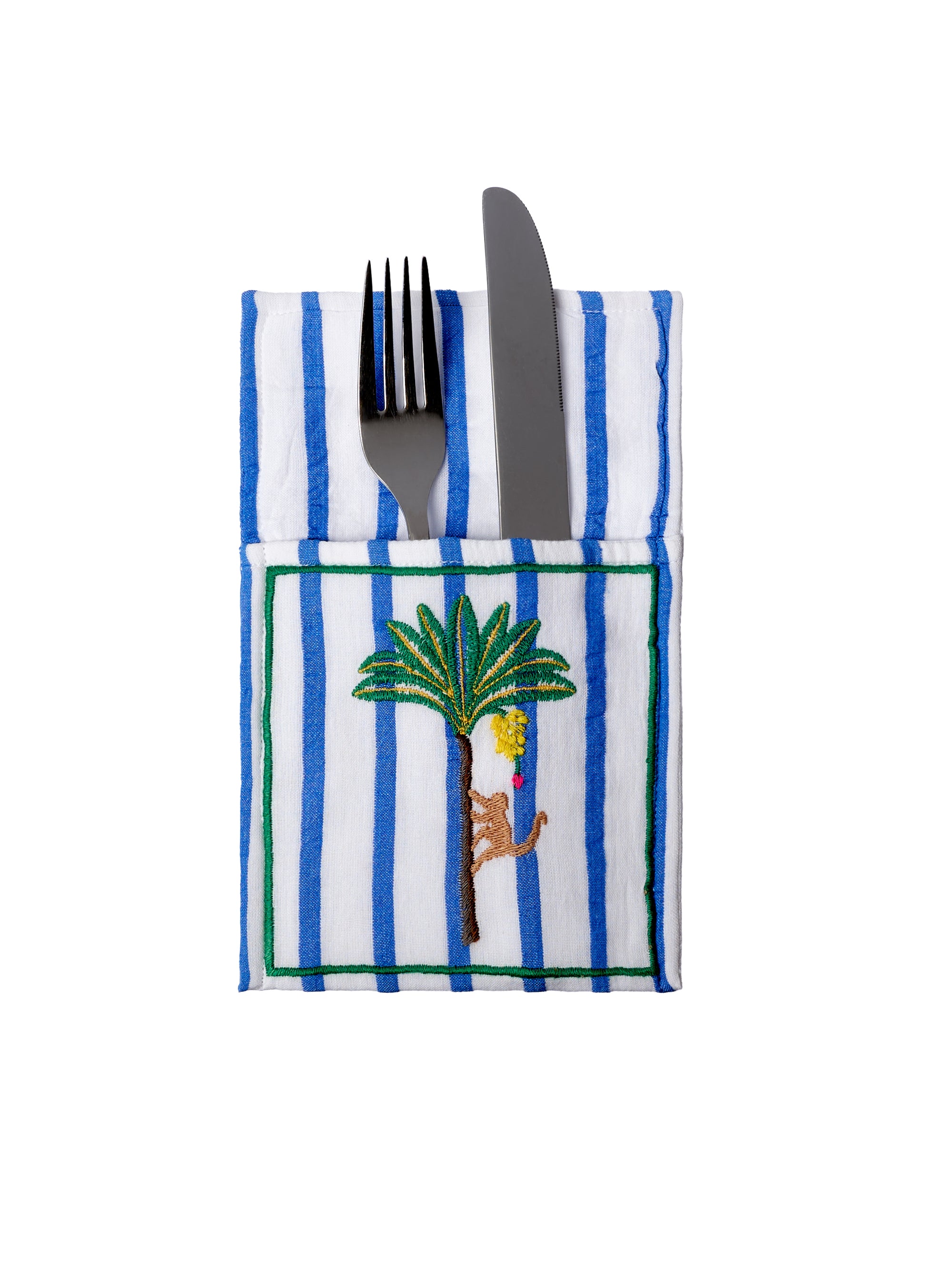 Cutlery Pocket Palm on Blue Stripes