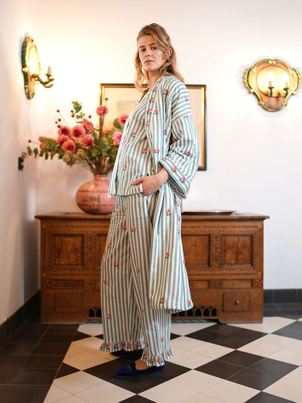 Flowers On Sage Stripes Kimono