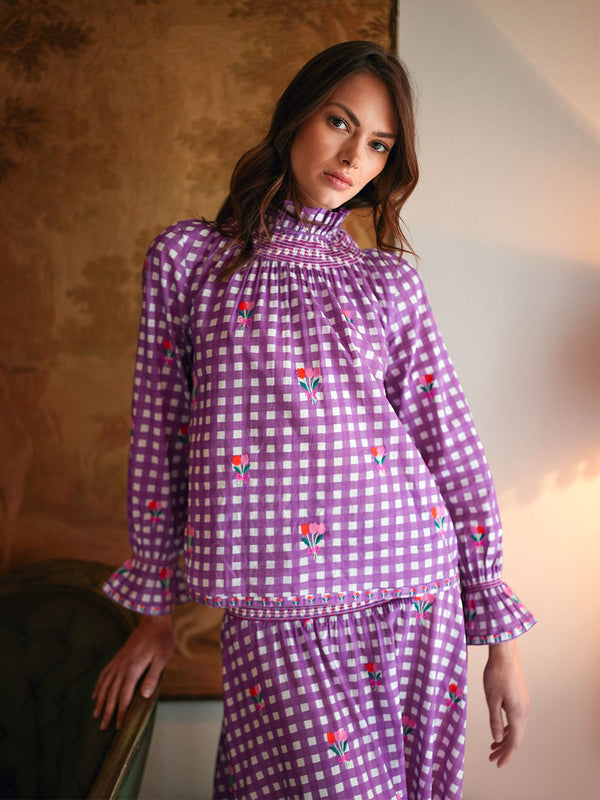 Nettle Blouse Purple Check Flower Embroidery