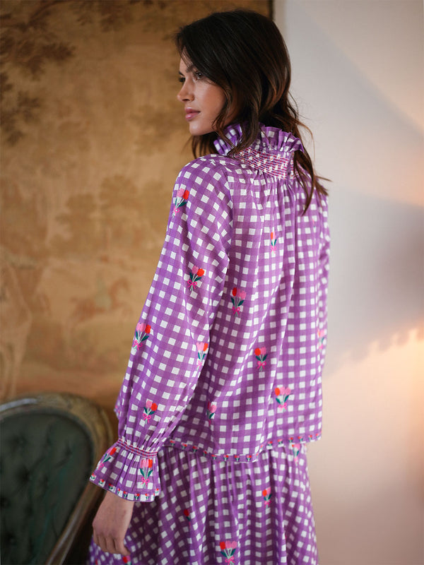 Nettle Blouse Purple Check Flower Embroidery