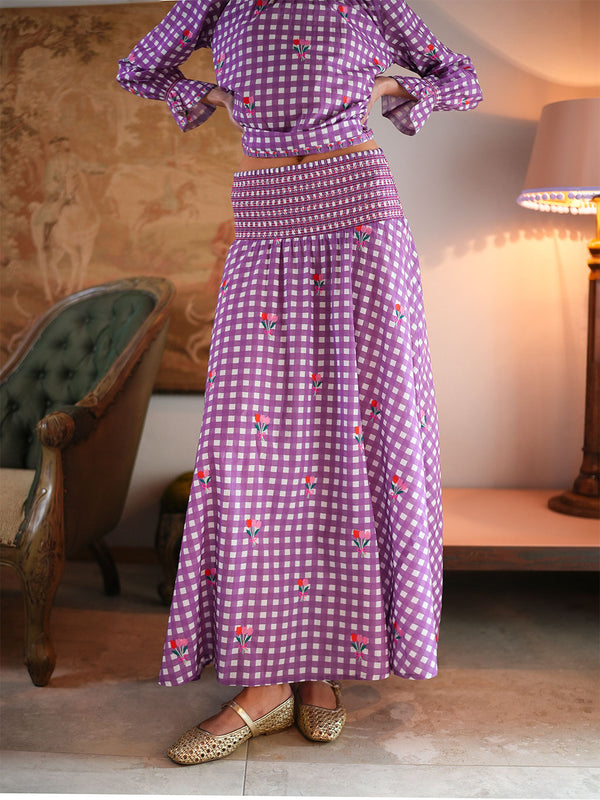 Crocus Skirt Purple Check Flower Embroidery