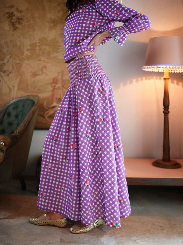 Crocus Skirt Purple Check Flower Embroidery