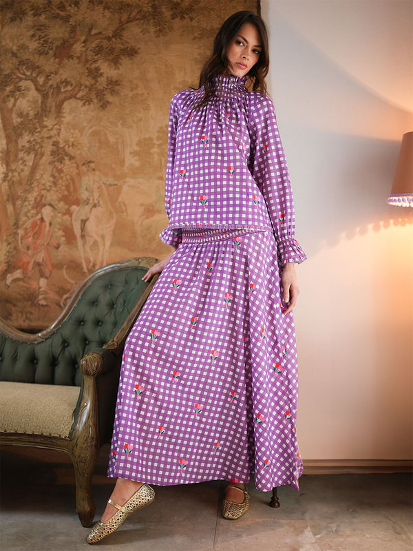 Nettle Blouse Purple Check Flower Embroidery