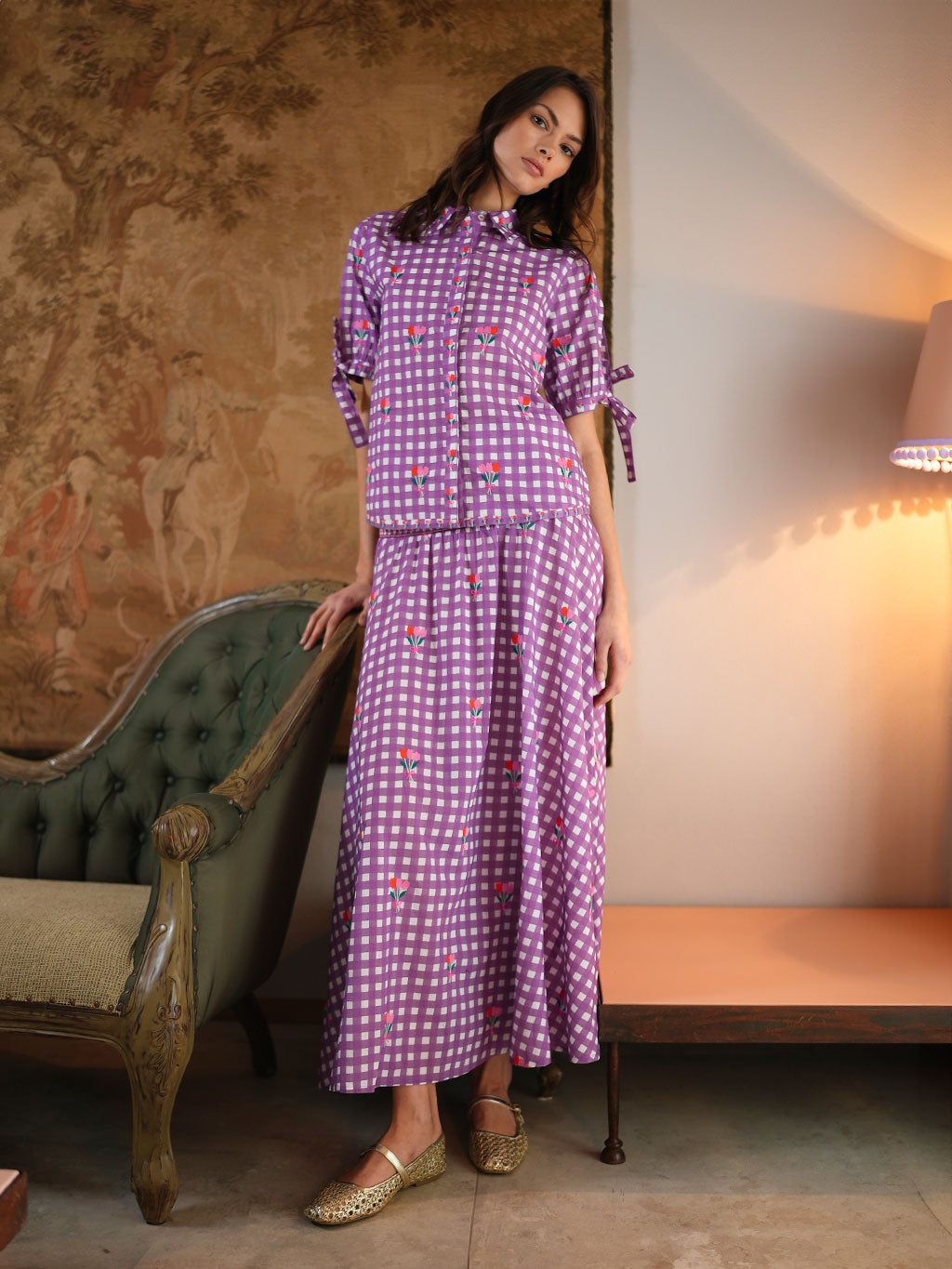 Buttercup Blouse Purple Check Flower Embroidery