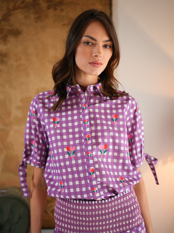 Buttercup Blouse Purple Check Flower Embroidery