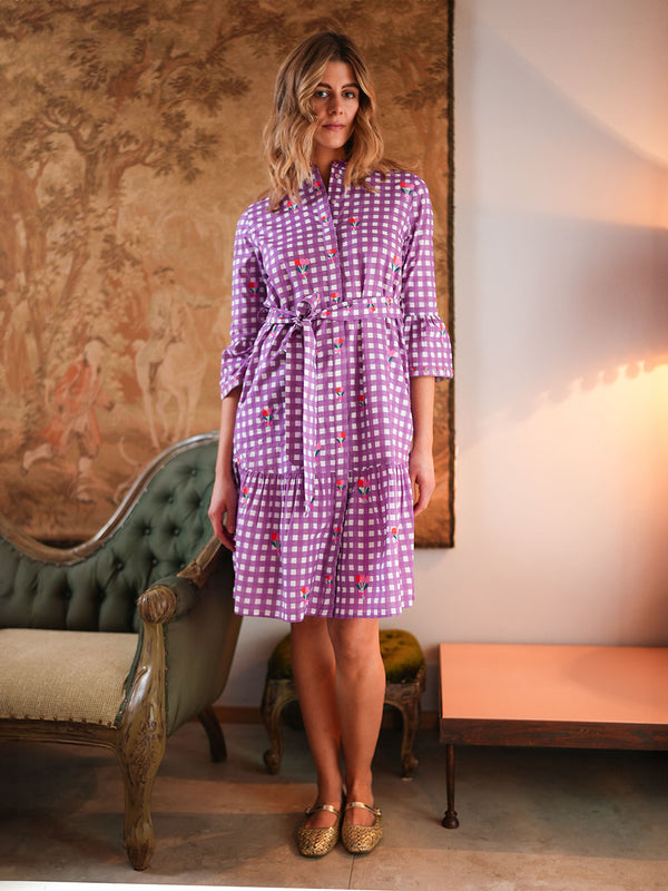 Saffron Dress Purple Check Flower Embroidery