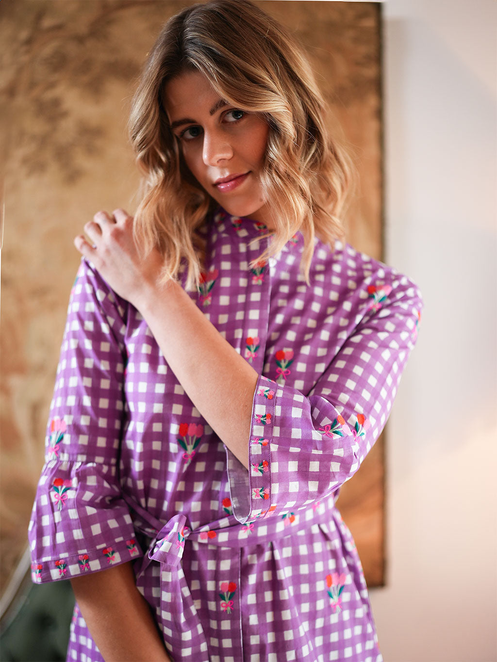 Saffron Dress Purple Check Flower Embroidery