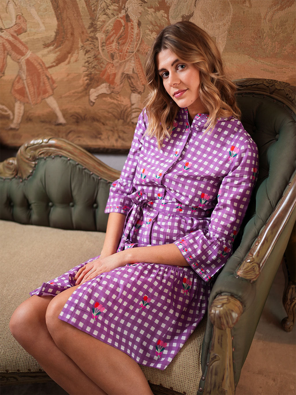 Saffron Dress Purple Check Flower Embroidery