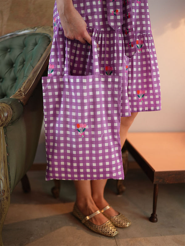 Saffron Dress Purple Check Flower Embroidery