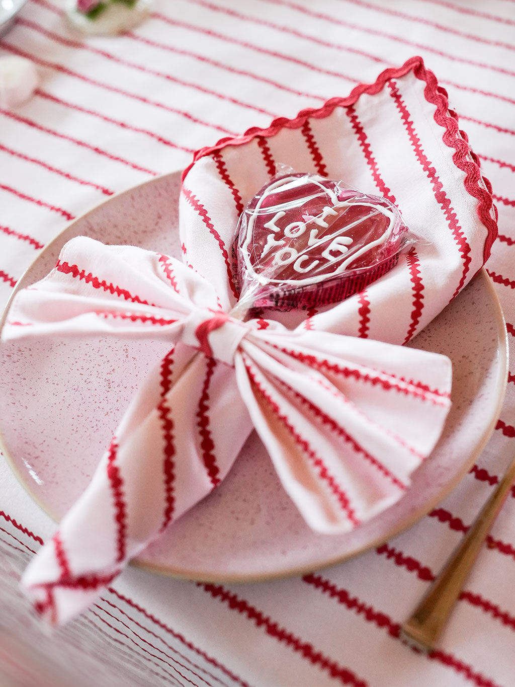 Bow Napkin Ring Red Stripes on Pale Pink