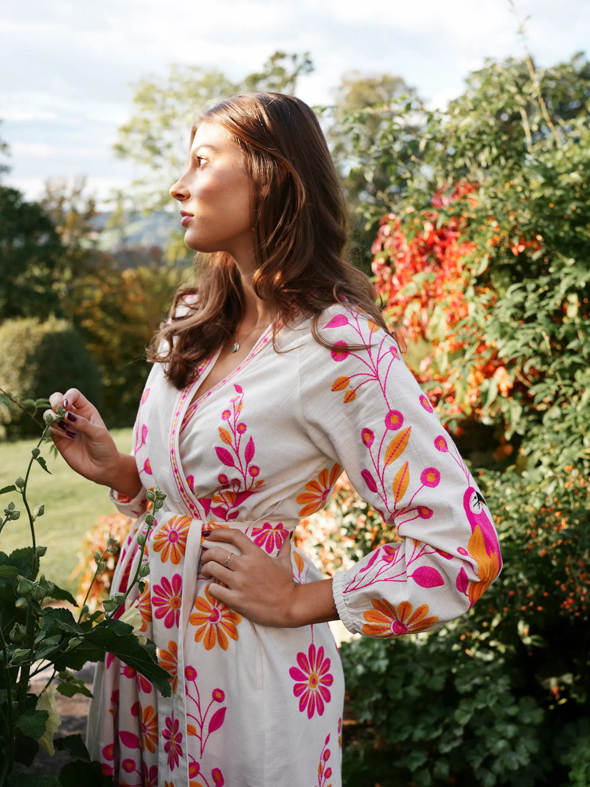 Caju Dress Pink Parrot Embroidery