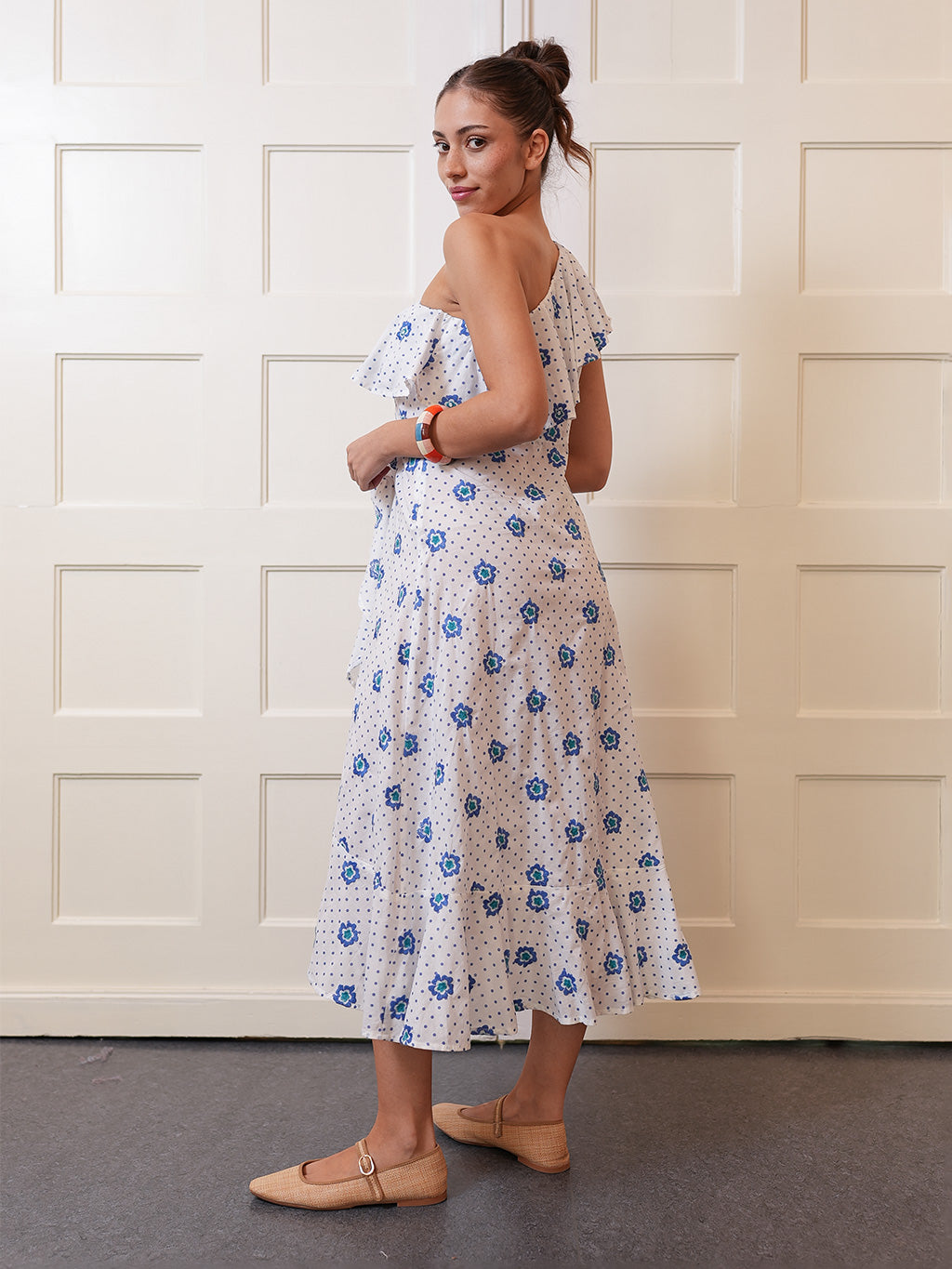Plumeria Dress White Blue Dots Flowers