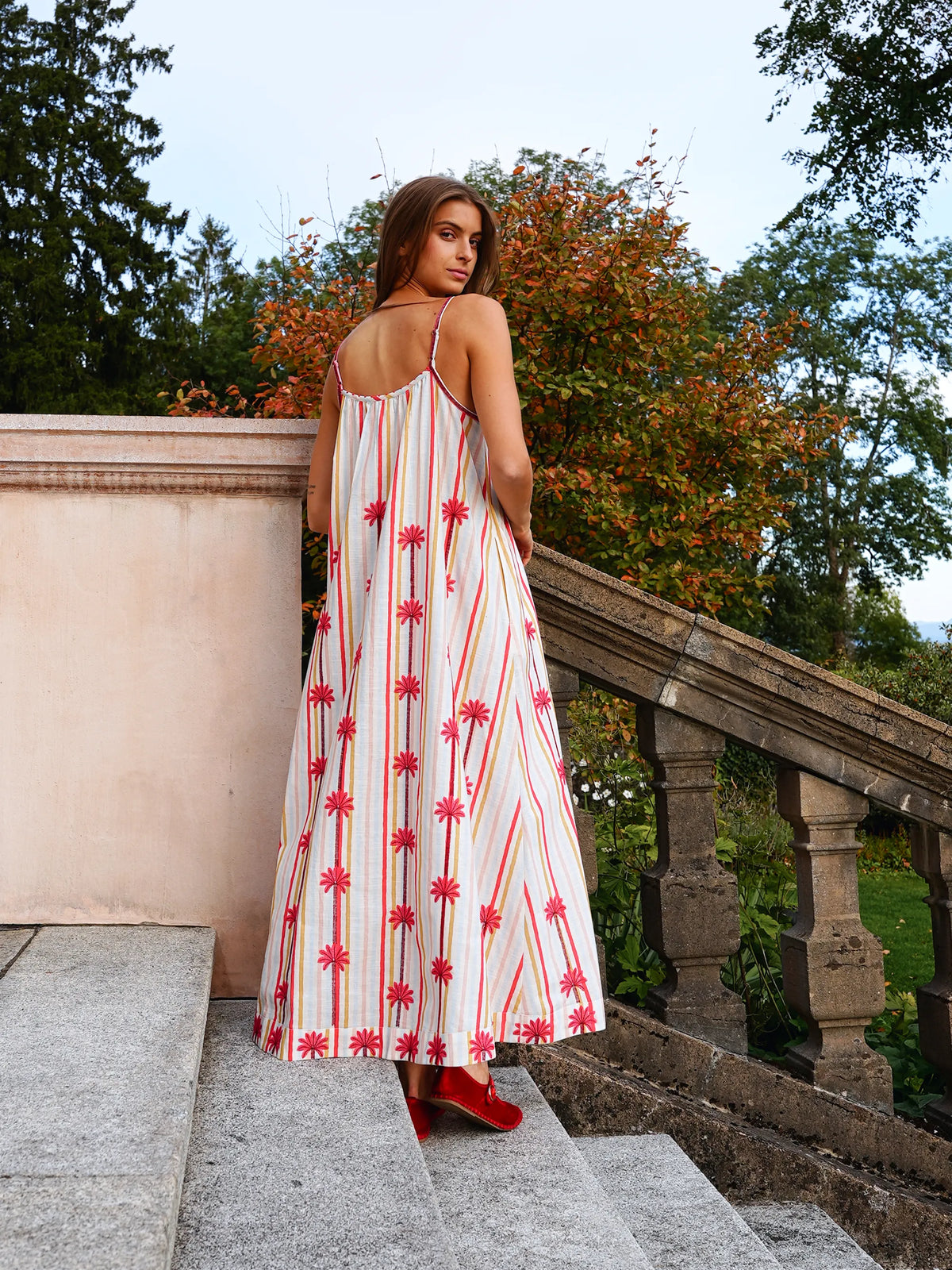 Maca Dress Palm Embroidery on Stripes