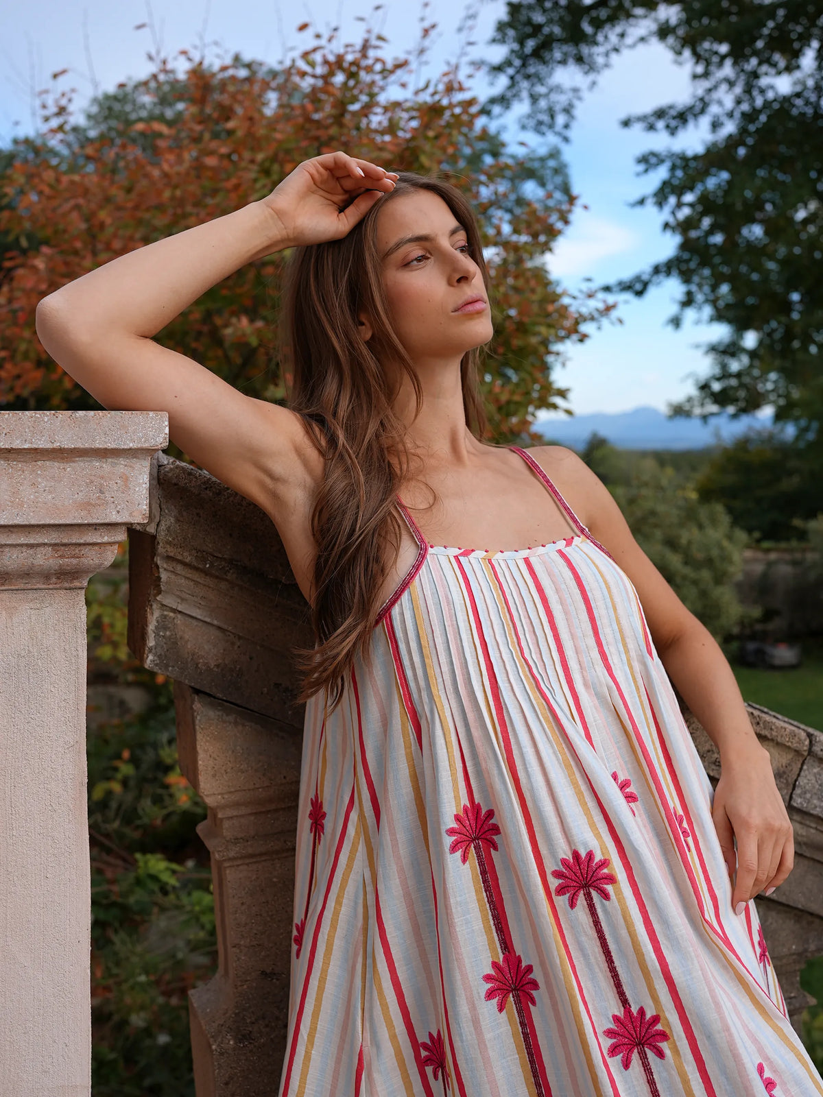 Maca Dress Palm Embroidery on Stripes