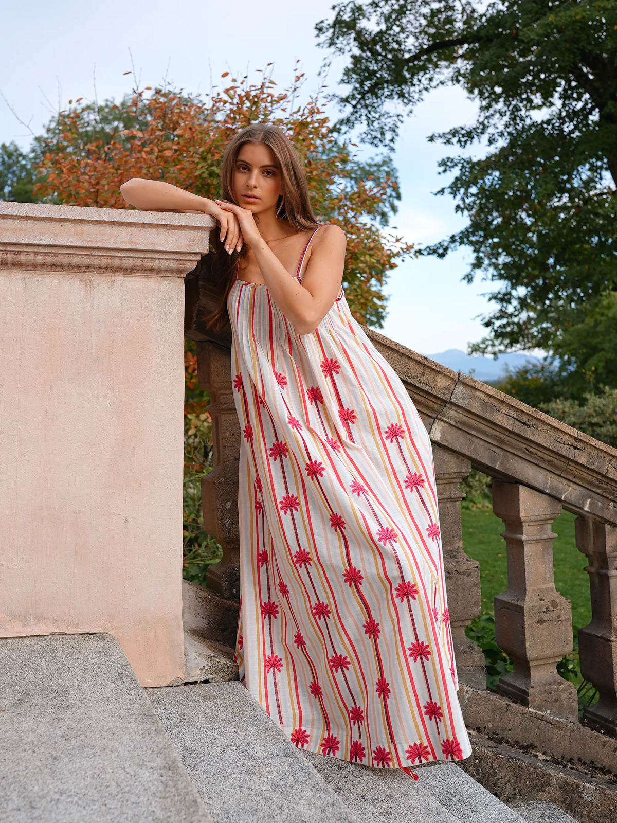 Maca Dress Palm Embroidery on Stripes