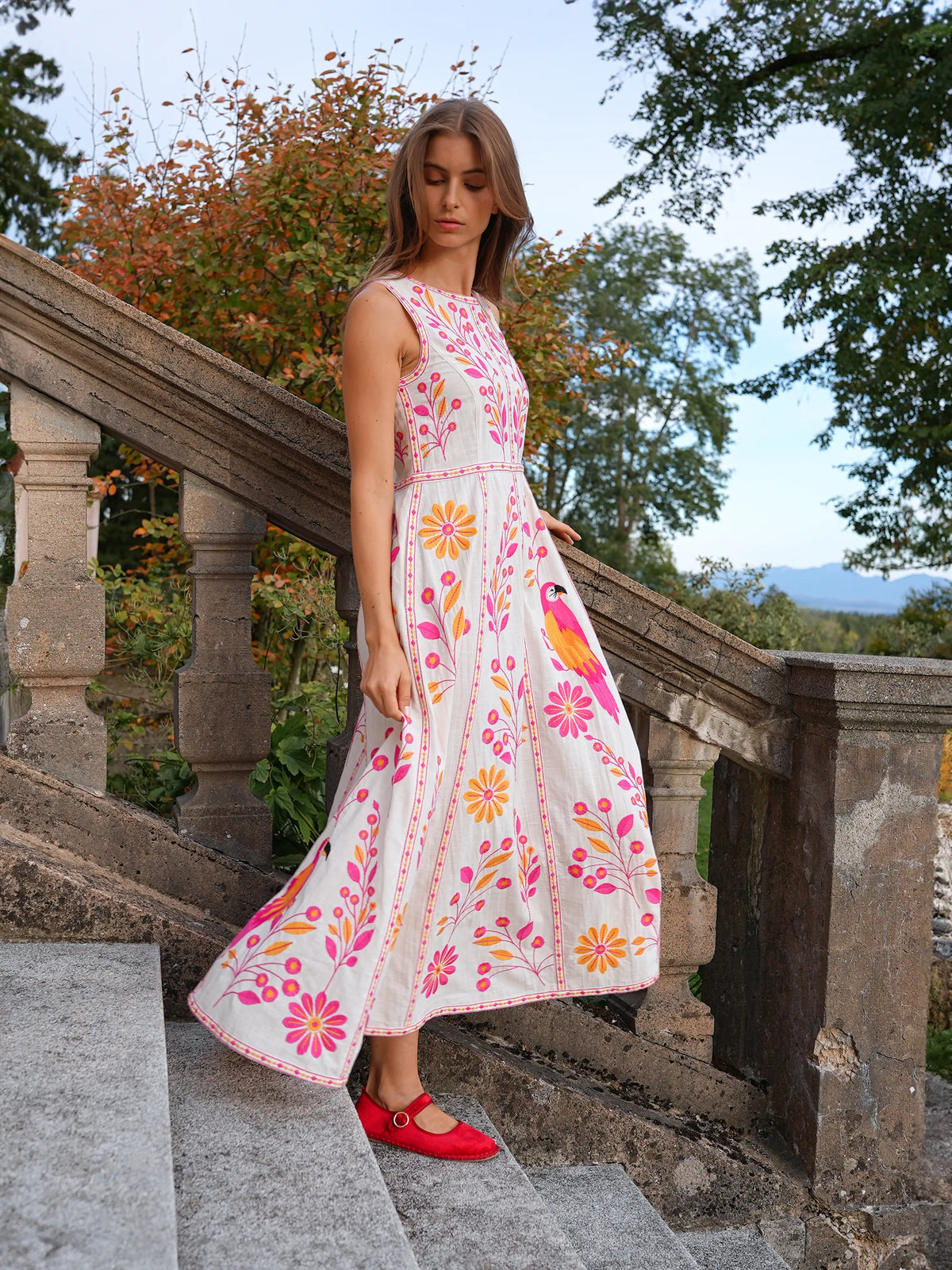 Carambula Dress Pink Parrot Embroidery