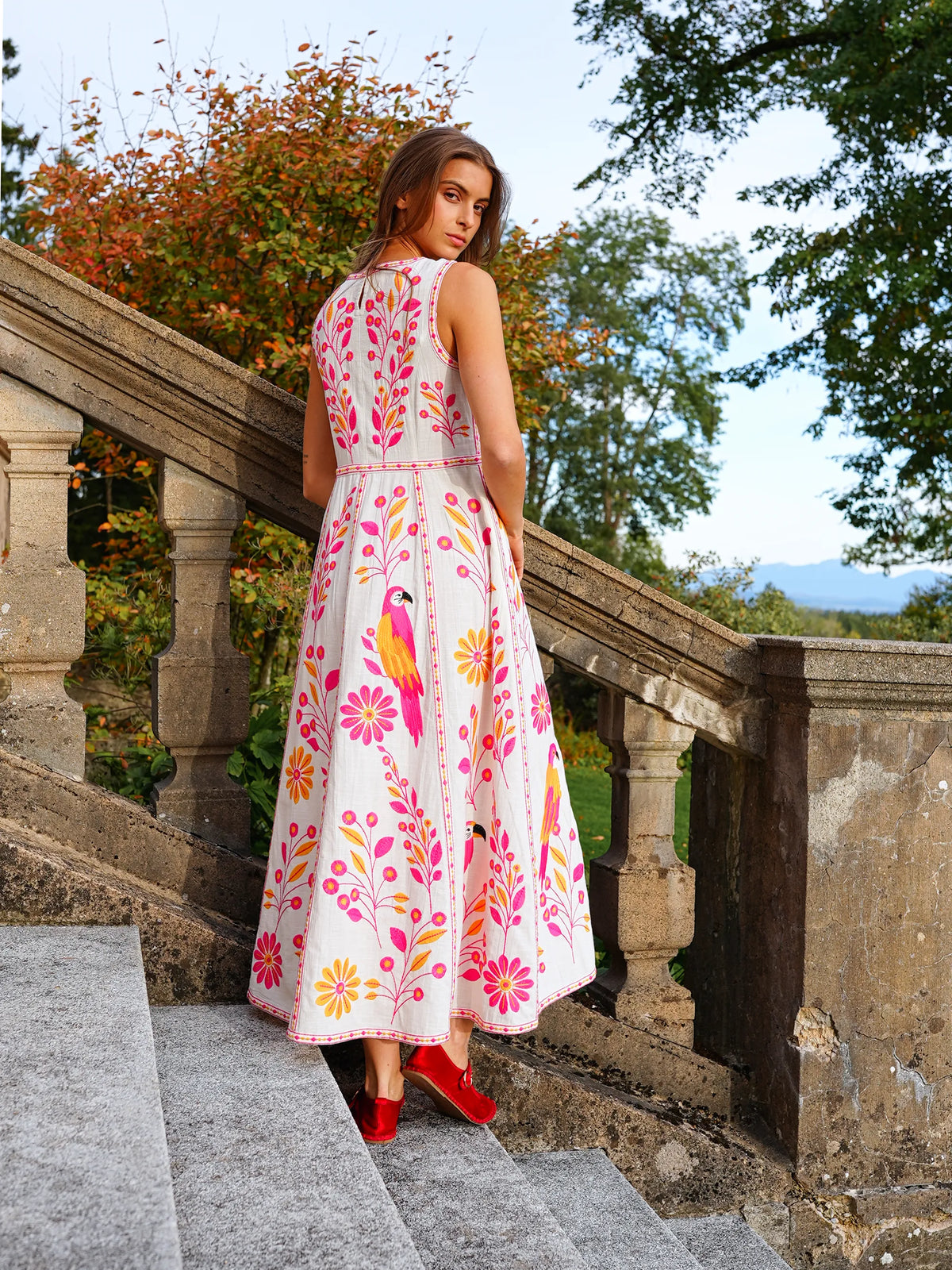 Carambula Dress Pink Parrot Embroidery
