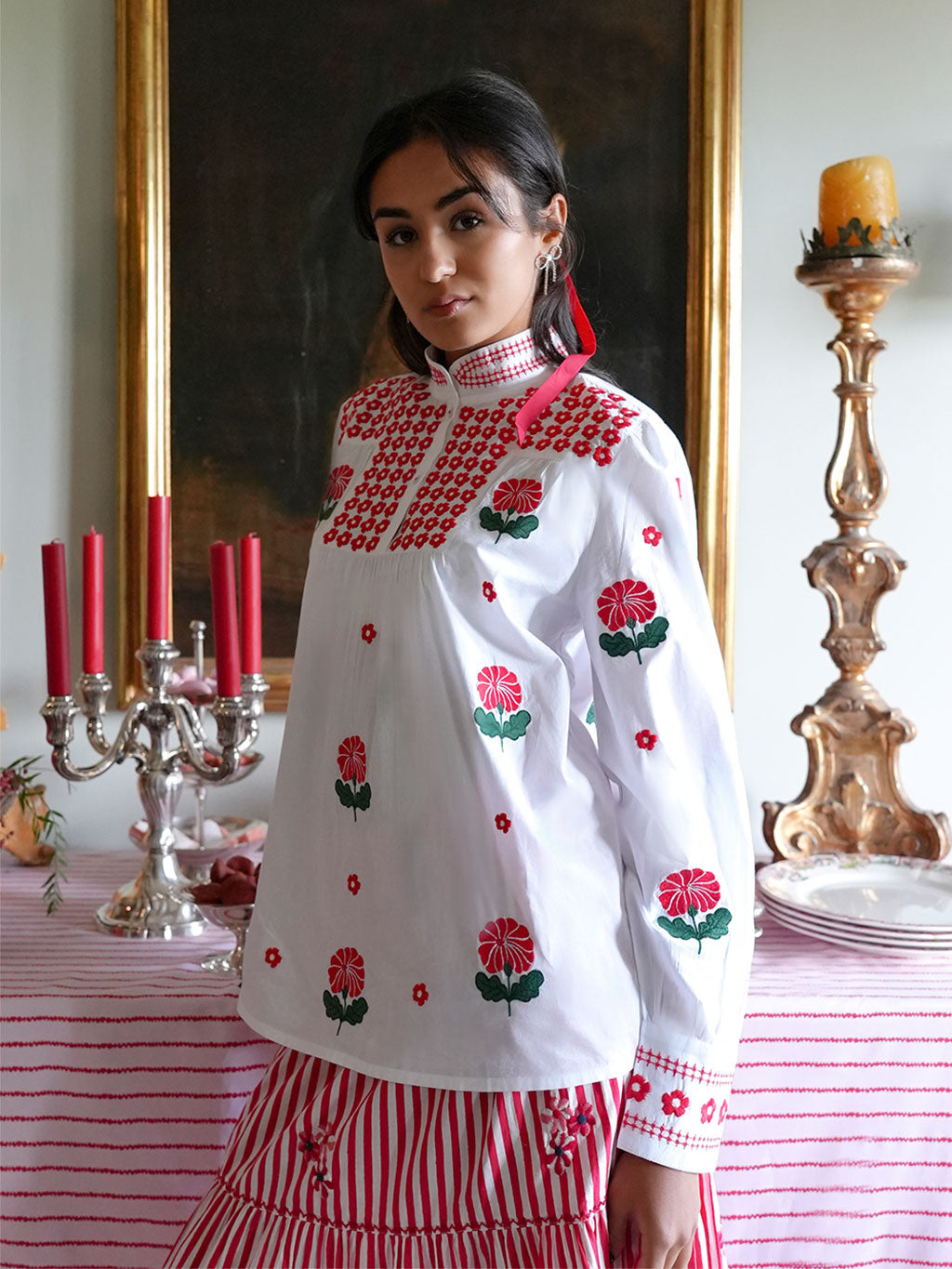 Juniper Berry Blouse Red Flower Embroidery on White