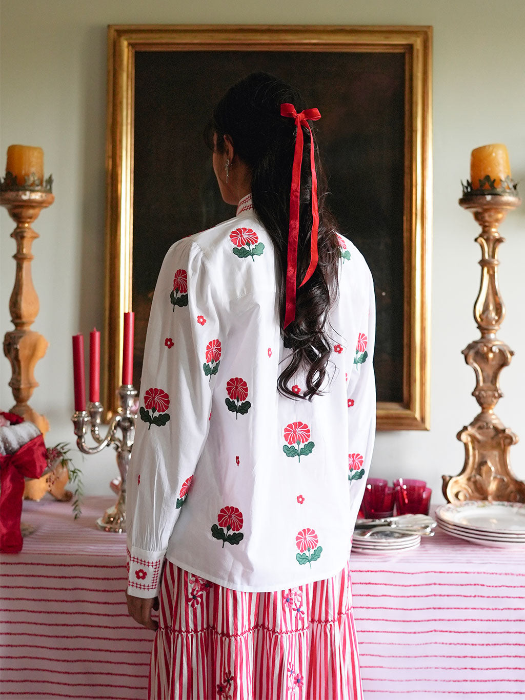 Juniper Berry Blouse Red Flower Embroidery on White