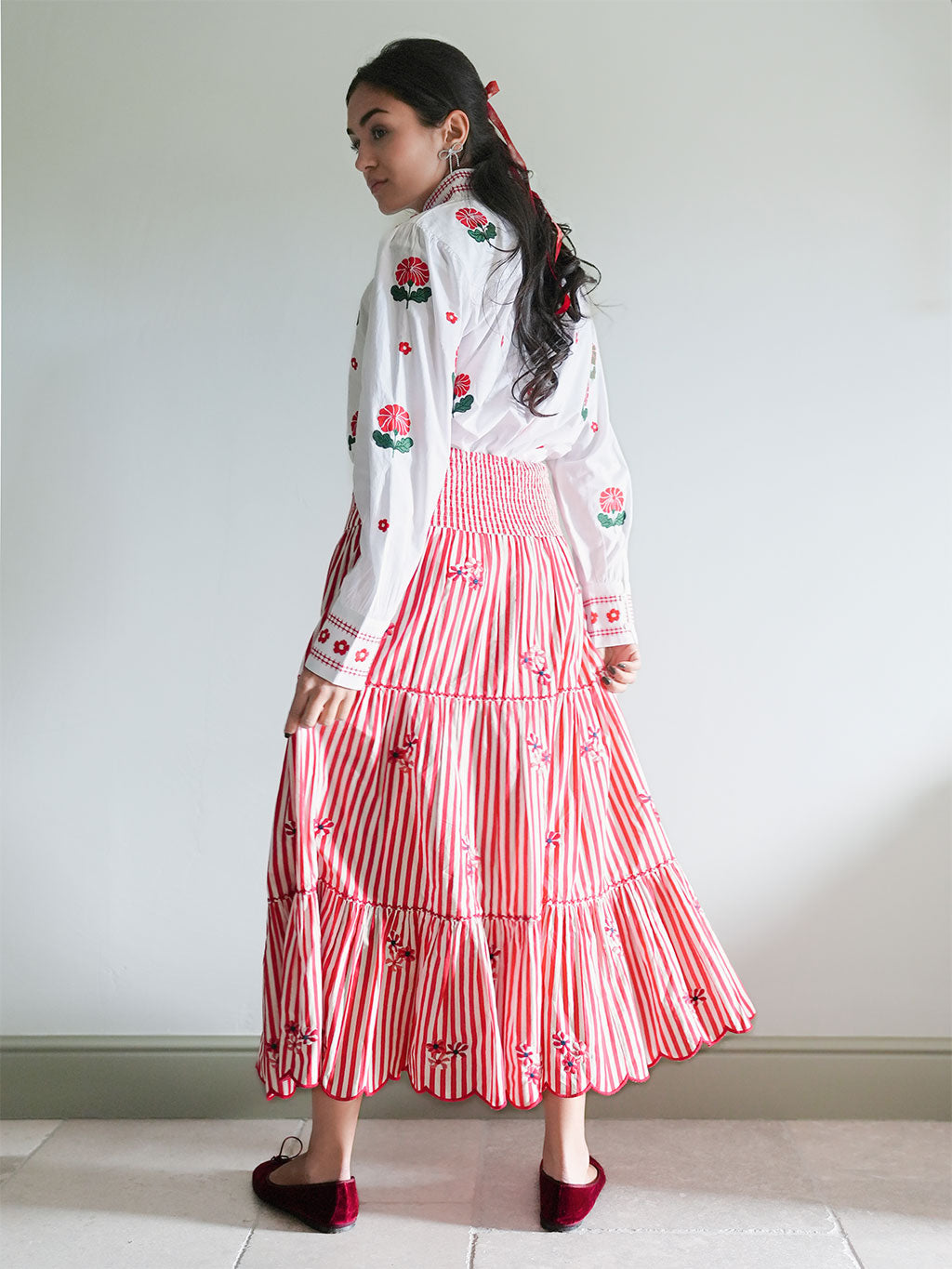 Blue Monkswood Skirt Red Stripes Flower Embroidery