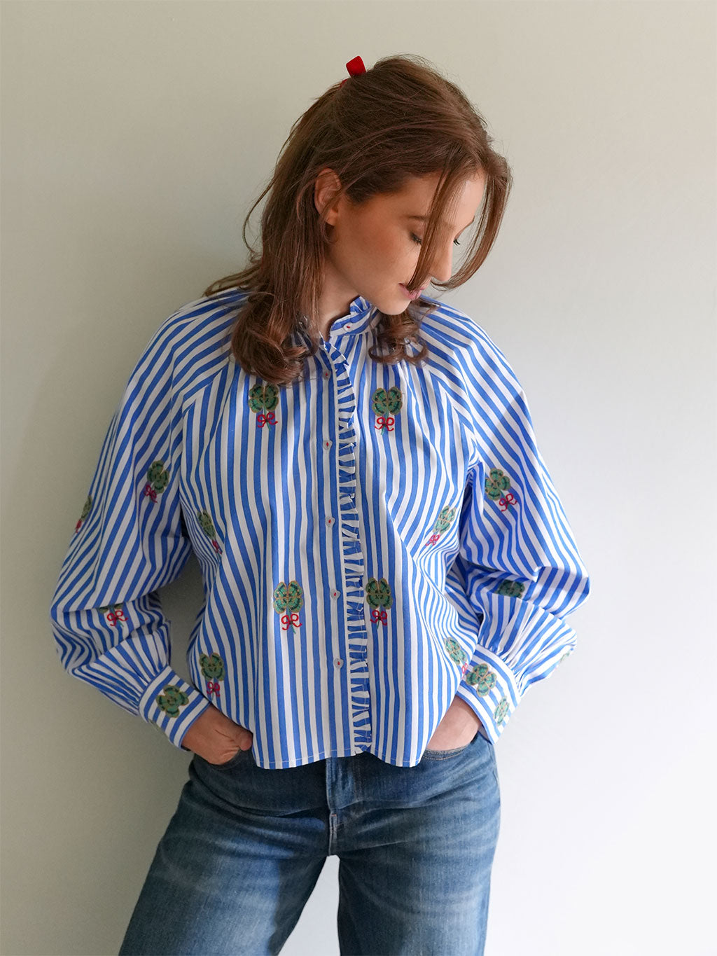 Taragon Blouse Clover Embroidery on Blue Stripes