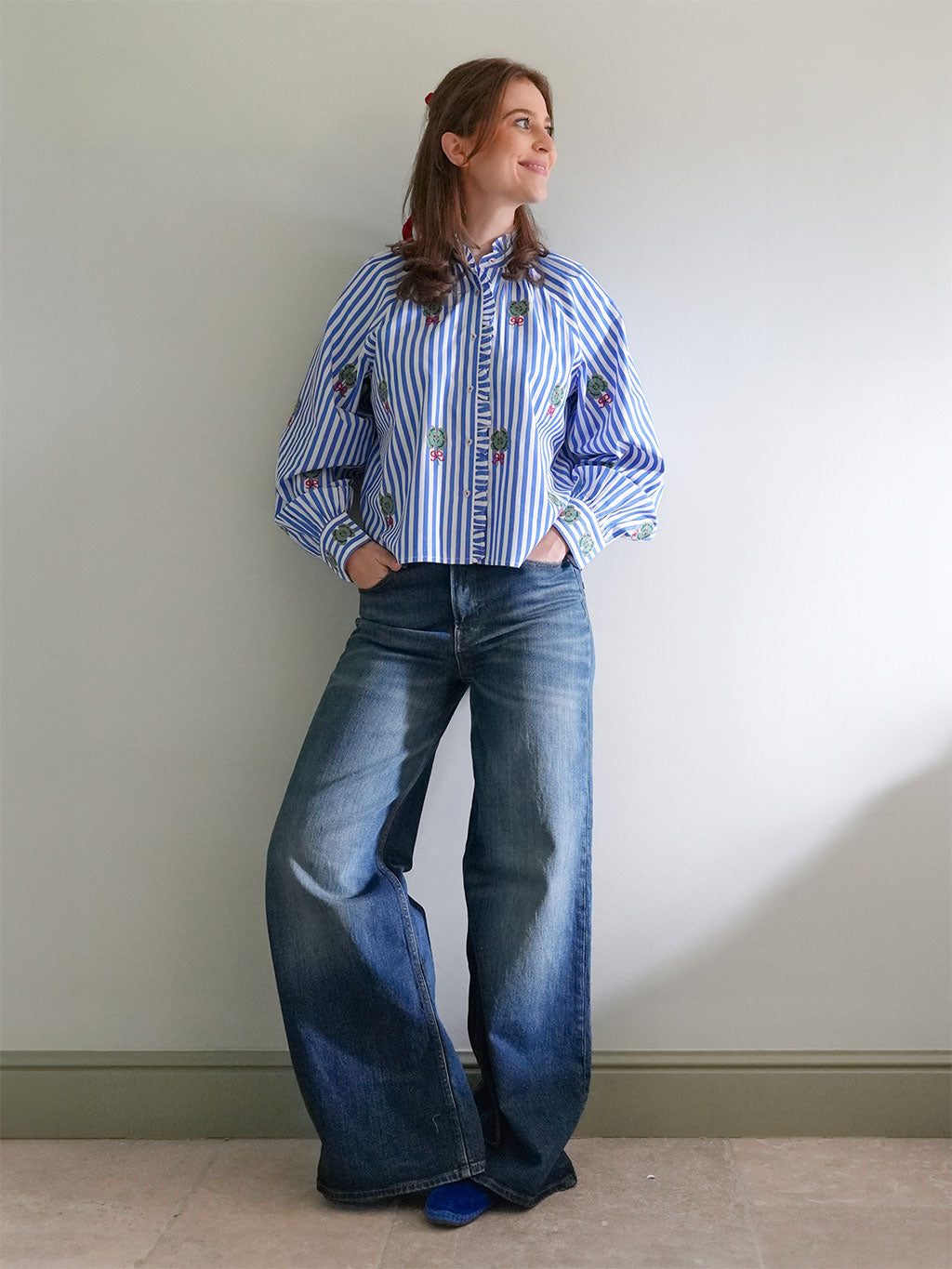 Taragon Blouse Clover Embroidery on Blue Stripes