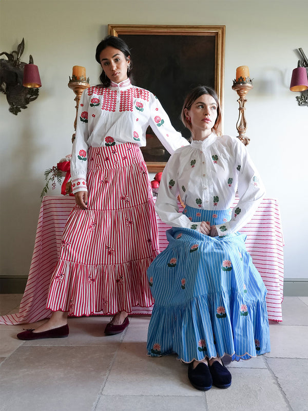 Blue Monkswood Skirt Red Stripes Flower Embroidery