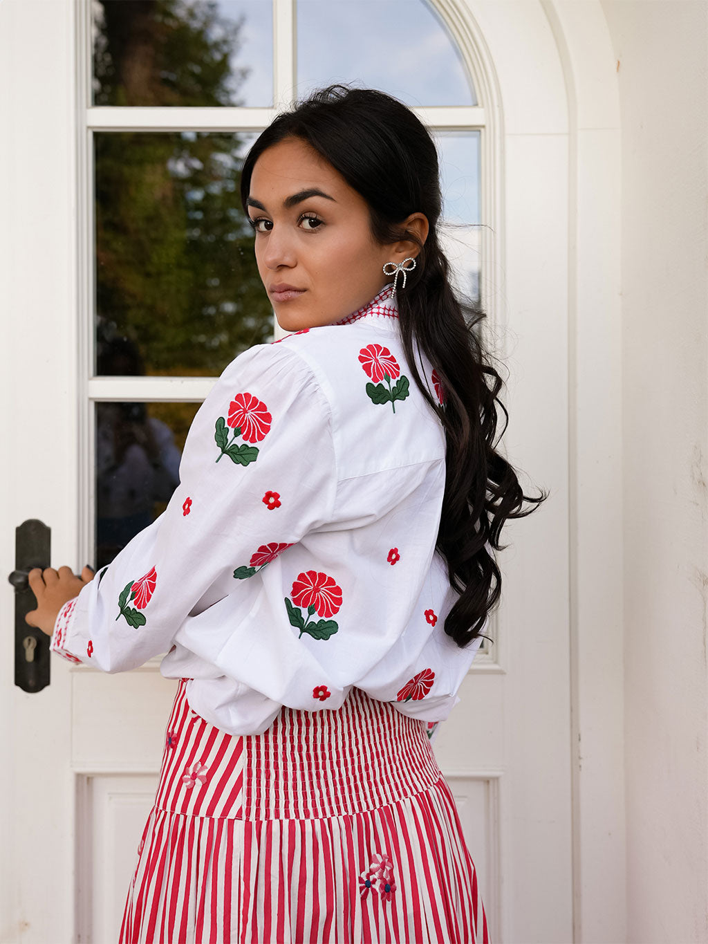 Juniper Berry Blouse Red Flower Embroidery on White