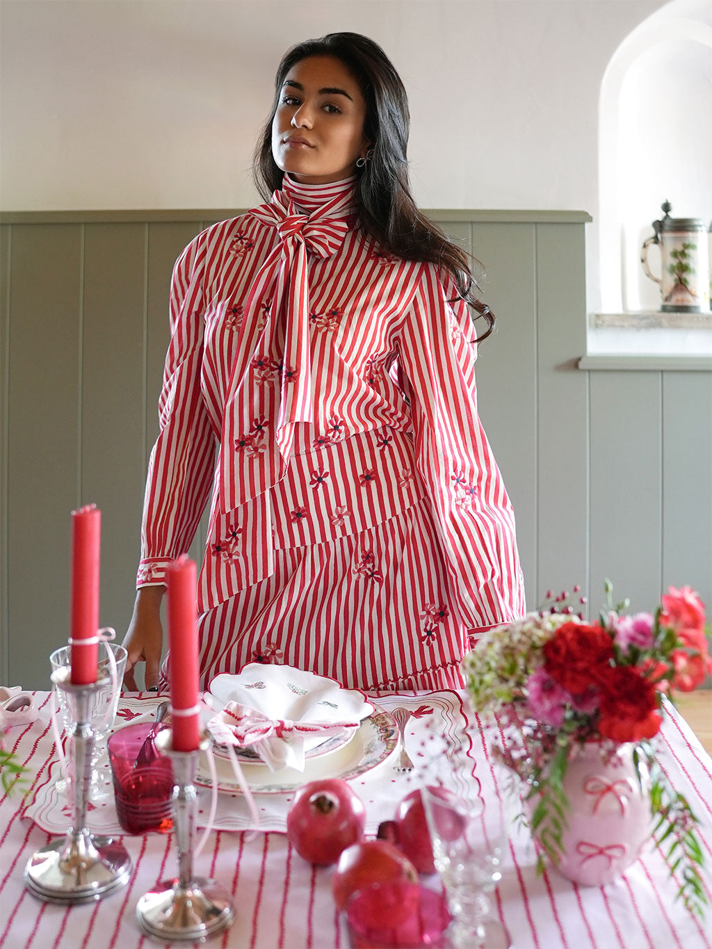 Amaryllis Blouse Flower Embroidery on Red Stripes