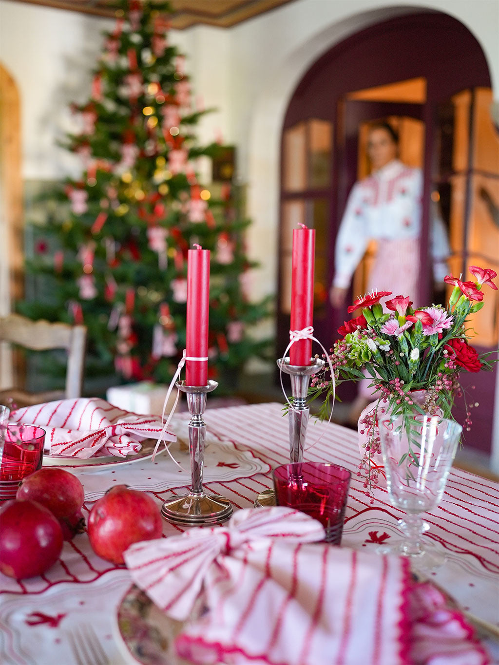 Napkin Red Stripes on Pale Pink