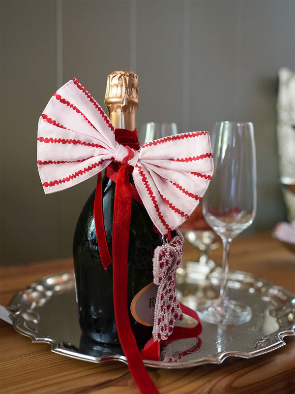 Bow Ornament with Pearls Red Stripes on Pale Pink