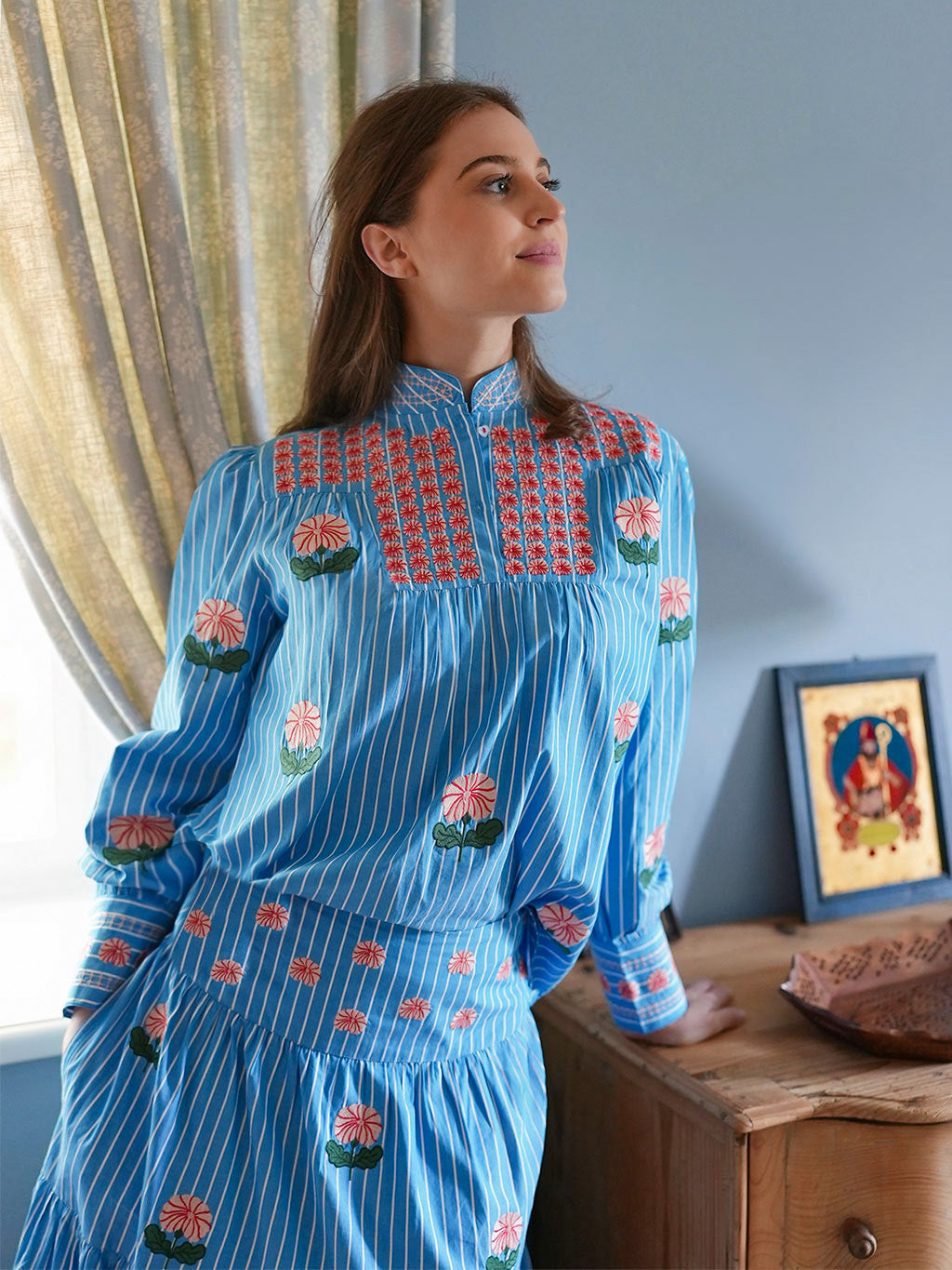 Juniper Berry Blouse Rose Flower Embroidery on Blue Stripes