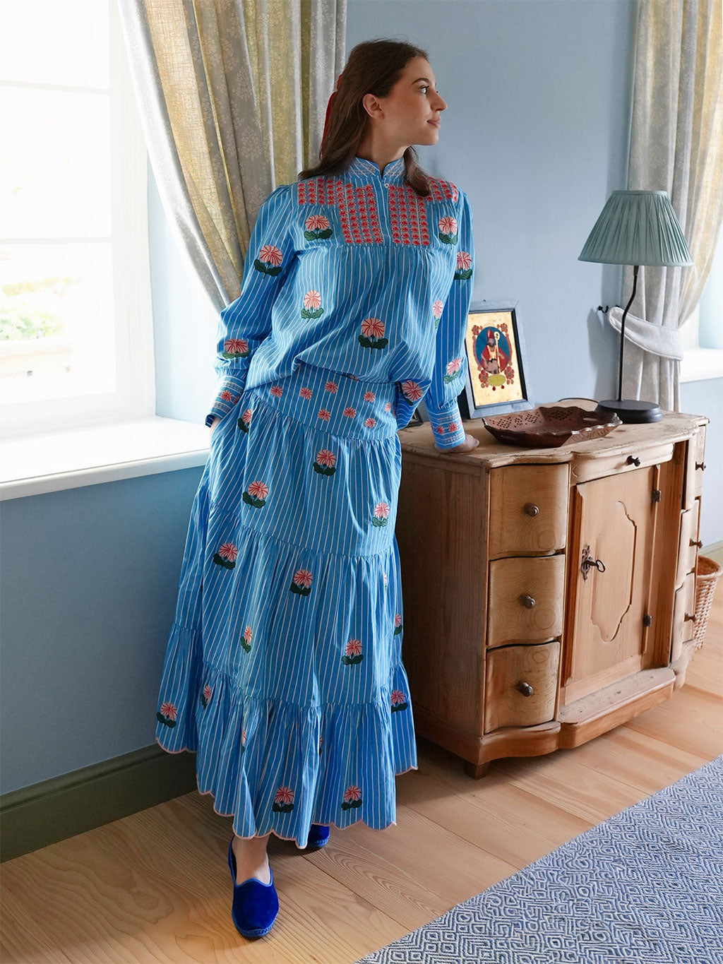 Blue Monkswood Skirt Blue Stripes Flower Embroidery