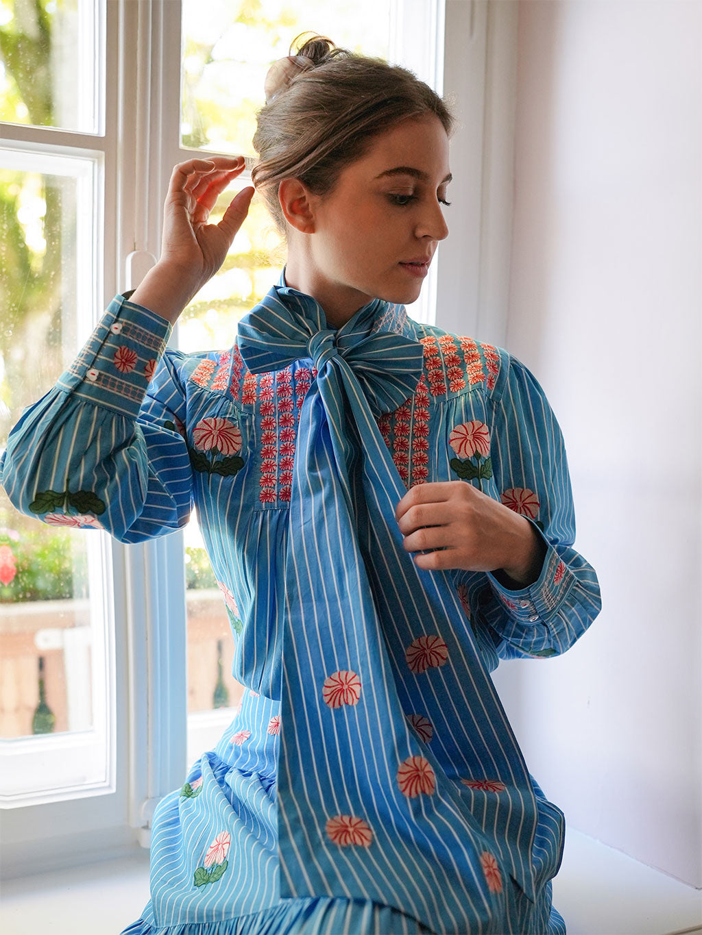 Scarf Belt Blue Stripes Flower Embroidery