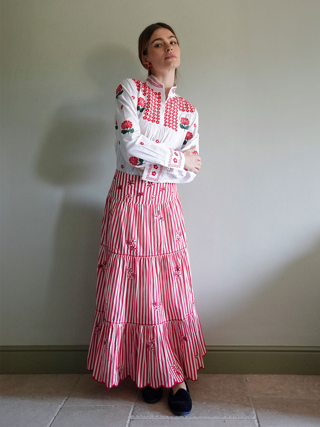 Blue Monkswood Skirt Red Stripes Flower Embroidery