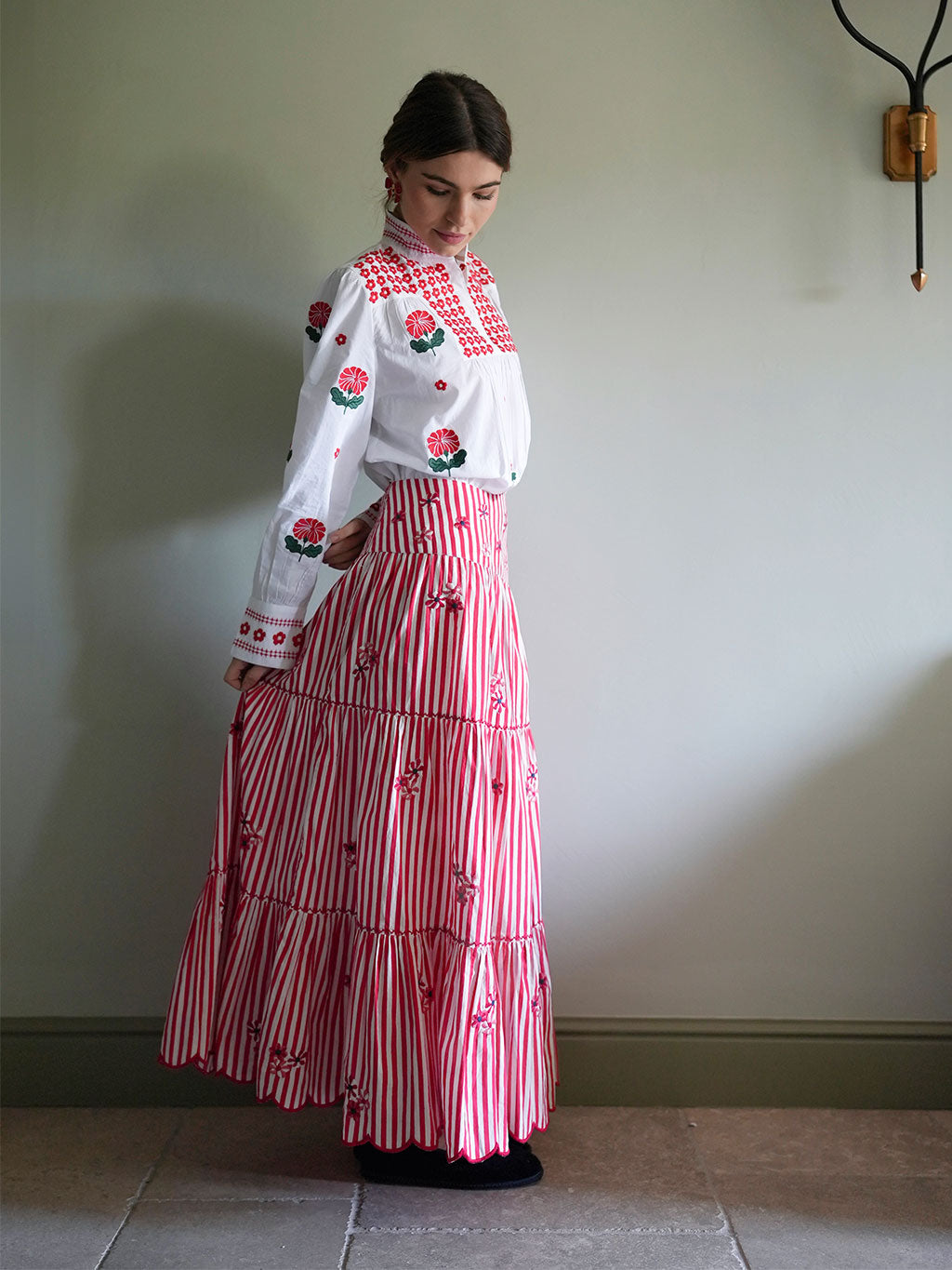Blue Monkswood Skirt Red Stripes Flower Embroidery
