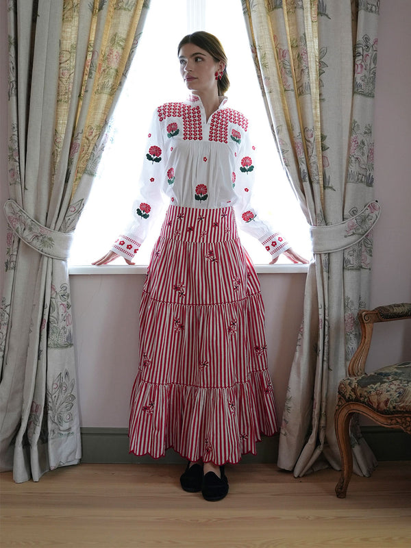Blue Monkswood Skirt Red Stripes Flower Embroidery