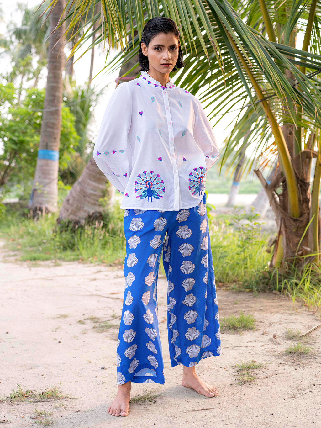 Purslane Blouse Peacock Embroidery on White