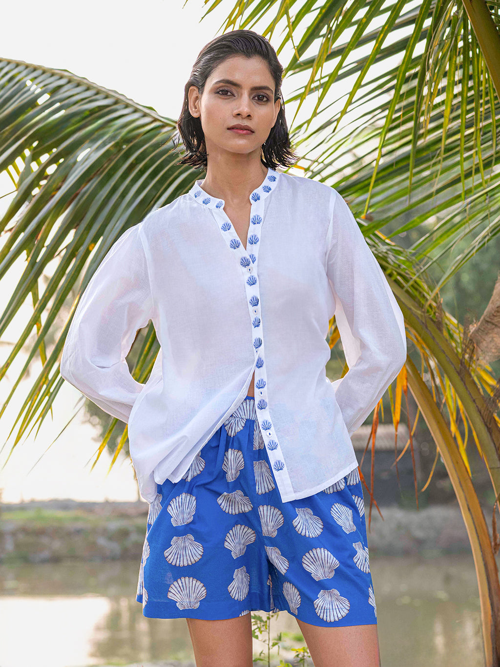 Soapwort Blouse Blue Shells Embroidery on White