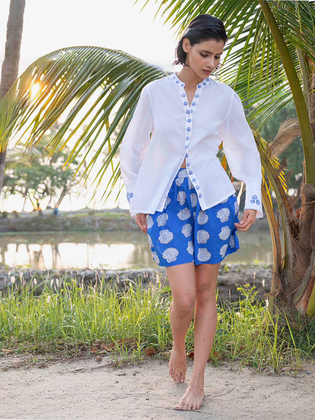 Soapwort Blouse Blue Shells Embroidery on White